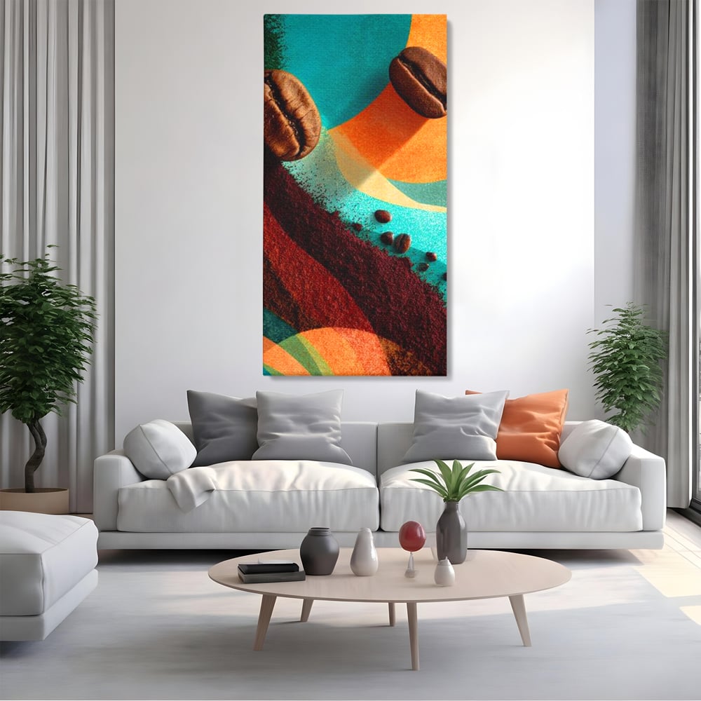 Tablou canvas cu tablou abstract cu boabe de cafea, fara rama, pe sasiu de lemn, pe perete intr-un living